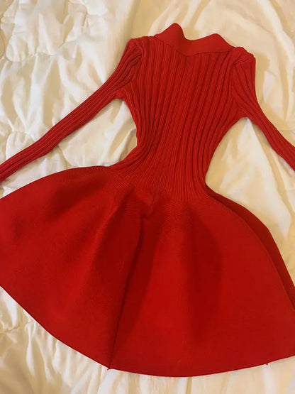 Elegant Vintage V-neck Red Dresses Y2k Slim Fit Knitted Dress for Women Spring Autumn New Long Sleeve Vestidos De Mujer