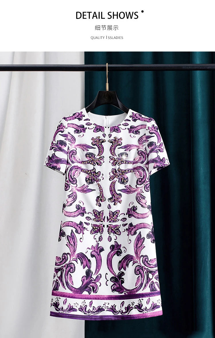 Women Purple Blue and White Porcelain Print Dress Beaded Short Sleeve Loose Straight Summer Casual Midi Dress 2026