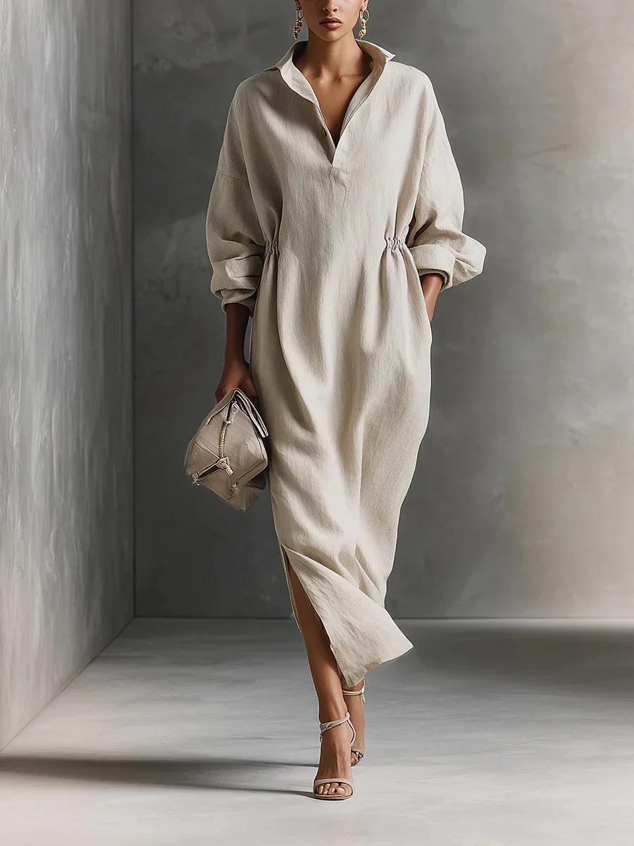 2026 Women's Elegant Long Dresses Fashion Casual Turndown Collar Side Slit Shirt Dress Vintage Solid Ruched Dress Loose Robes
