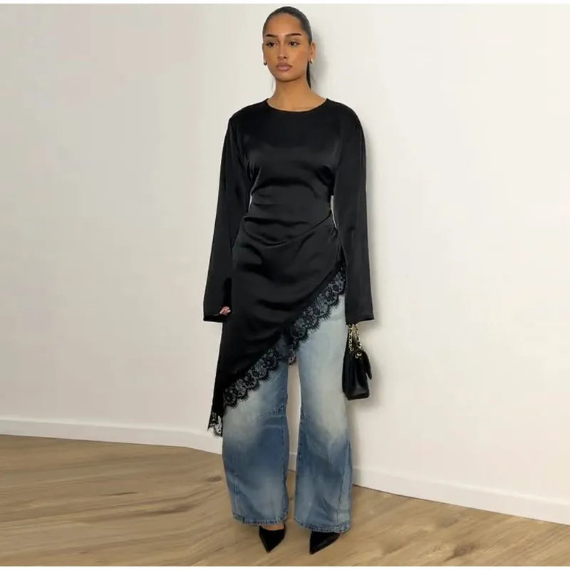 Tie Up Lace Women's Top Sexy O-neck Patchwork Irregular Full Sleeves Blouse Female 2026 Spring Fashion All Match Woman Shirts