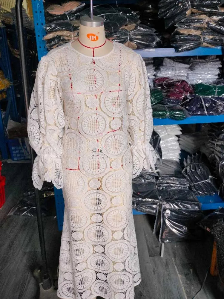 Womens White Lace Spring Dress Round Neck Vintage Beautiful Dresses Hollow Out Female Straight Gorgeous Dress Chic