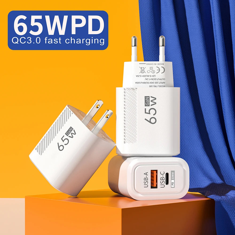 Total 65W USB GaN Charger Quick Charge Mobile Phone Adapter For iPhone Samsung Xiaomi Huawei QC3.0 USB Type C Wall Quick Charger