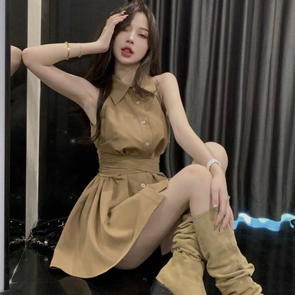Sleeveless Dresses Women Bow Lace-up Turn-down Collar Mini High Street A-line Hotsweet Partywear Korean Fashion Vestidos Ins