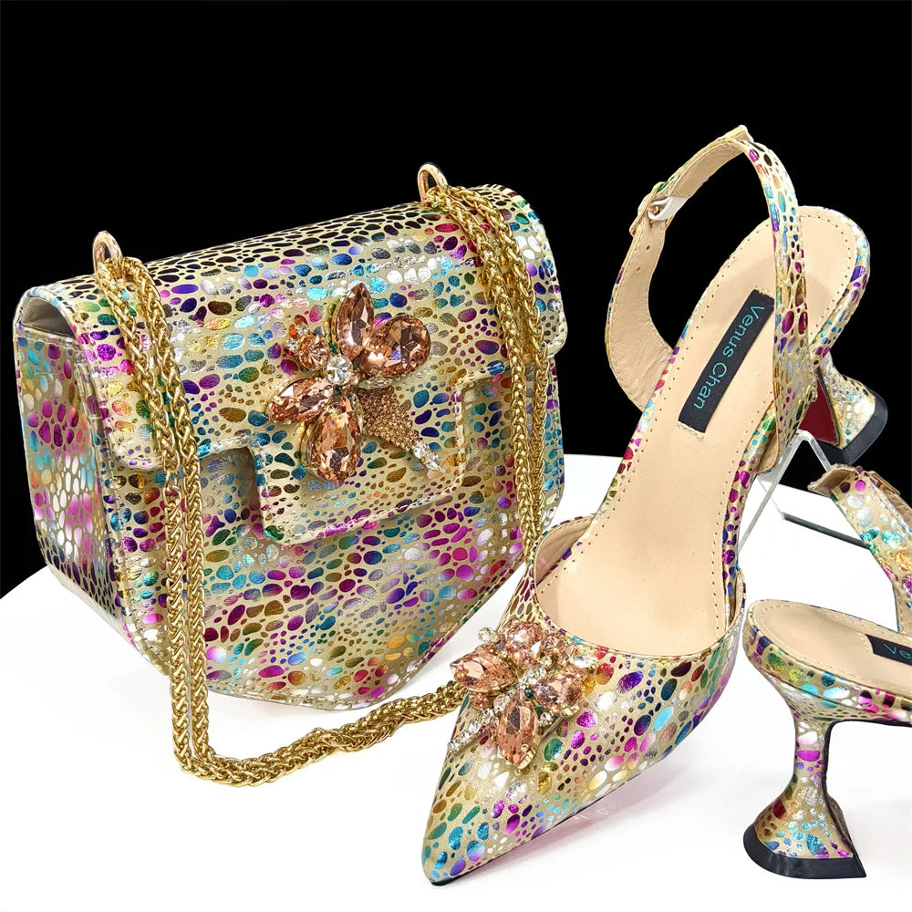 doershow New Arrival African Wedding Shoes and Bag Set gold Color Italian Shoes with Matching Bags Nigerian lady party  HDF1-12