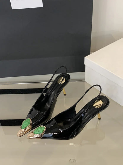 Fashion Design Inlay Gems Pointed Toe Patent Leather Sexy Slingback Sandals Women Pumps High Heels Wedding Banquet Shoes