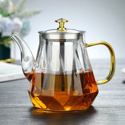 JUSTINLAU Glass Teapot Heat Resistant Borosilicate Clear Diamond Tea Kettles with Removable Stainless Steel Infuser Teaware Set