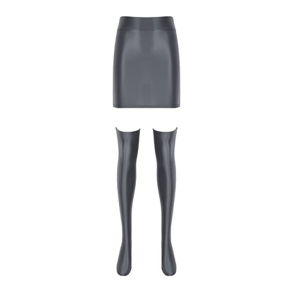Womens Glossy Nightclub Outfit Shiny High Waist Mini Skirt with Stockings Set Rave Party Cheer Booty Workout Pole Dance Clubwear