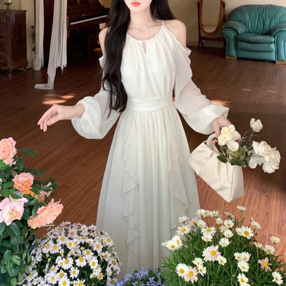 Off Shoulder Dresses for Women Long Sleeve Thin Spring Summer A-line Elegant Ins Girls Casual Solid Minimalist Fitness Beauty