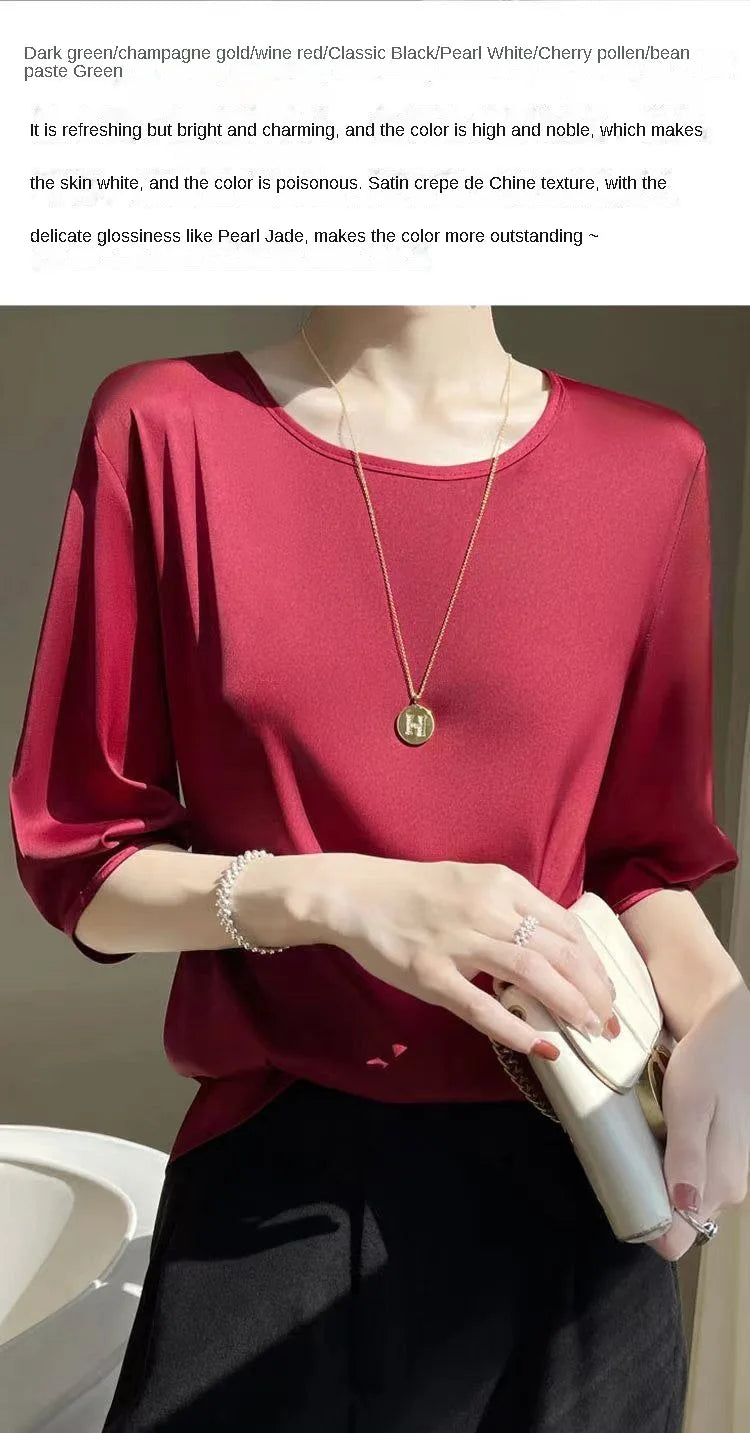 Summer satin Women Blouse Silky Loose Woman Shirt lady's half Sleeve tops Casual solid t-shirt O-Neck pullover women's clothing