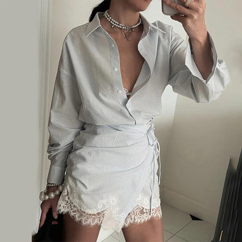 Striped Mini Dress Women Lapel Single Breasted Long Sleeves Lace Patchwork Waistband Robe Female 2026 Summer Beach Vacation Sets