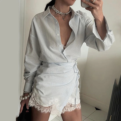 Striped Mini Dress Women Lapel Single Breasted Long Sleeves Lace Patchwork Waistband Robe Female 2026 Summer Beach Vacation Sets