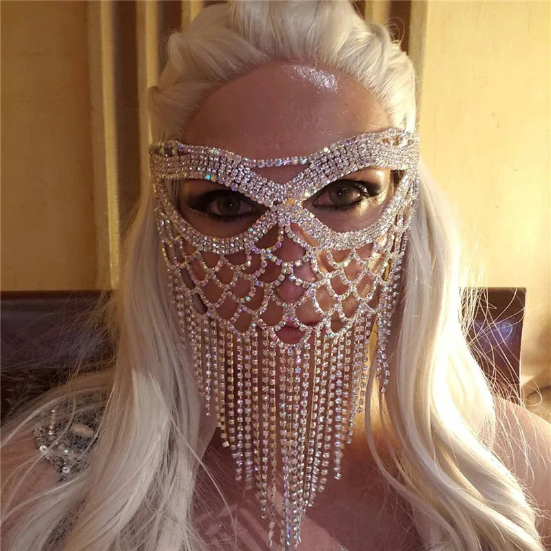 Charms Sexy Rhinestone Tassel Masquerade Face Jewelry For Women Facial Accessories Banquet Party Mask Full Face Chain Decoration