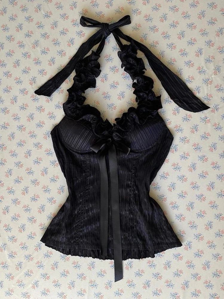 French Pure Desire Sexy Lace-up Vest Women Bow Sling Millennium Sweet Spice Girl Y2k Tops New Retro Hot Chick Aesthetic Clothing