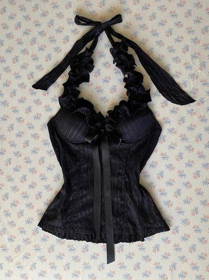 French Pure Desire Sexy Lace-up Vest Women Bow Sling Millennium Sweet Spice Girl Y2k Tops New Retro Hot Chick Aesthetic Clothing