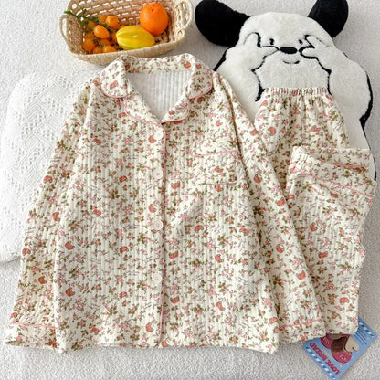 Striped Dog Print Korean Casual Loungewear for Women Sweet Cute Lapel Neck Women's Pajamas Set Autumn Winter New 2 PCS Sleepwear