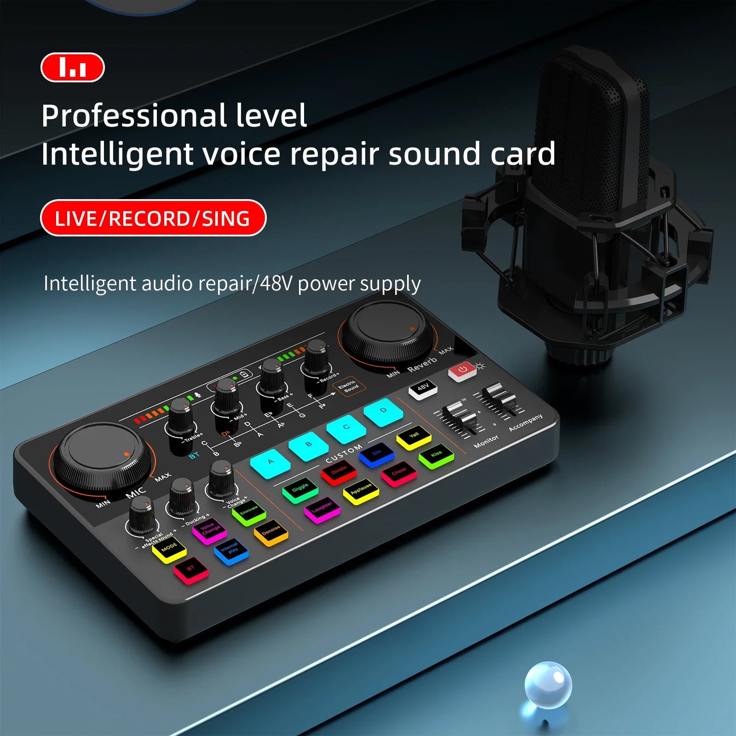 48V Phantom Power Professional Live Sound Card 12 Electronic Tone Sound Card Audio Mixer DJ Controller for For Youtube PC\Phone