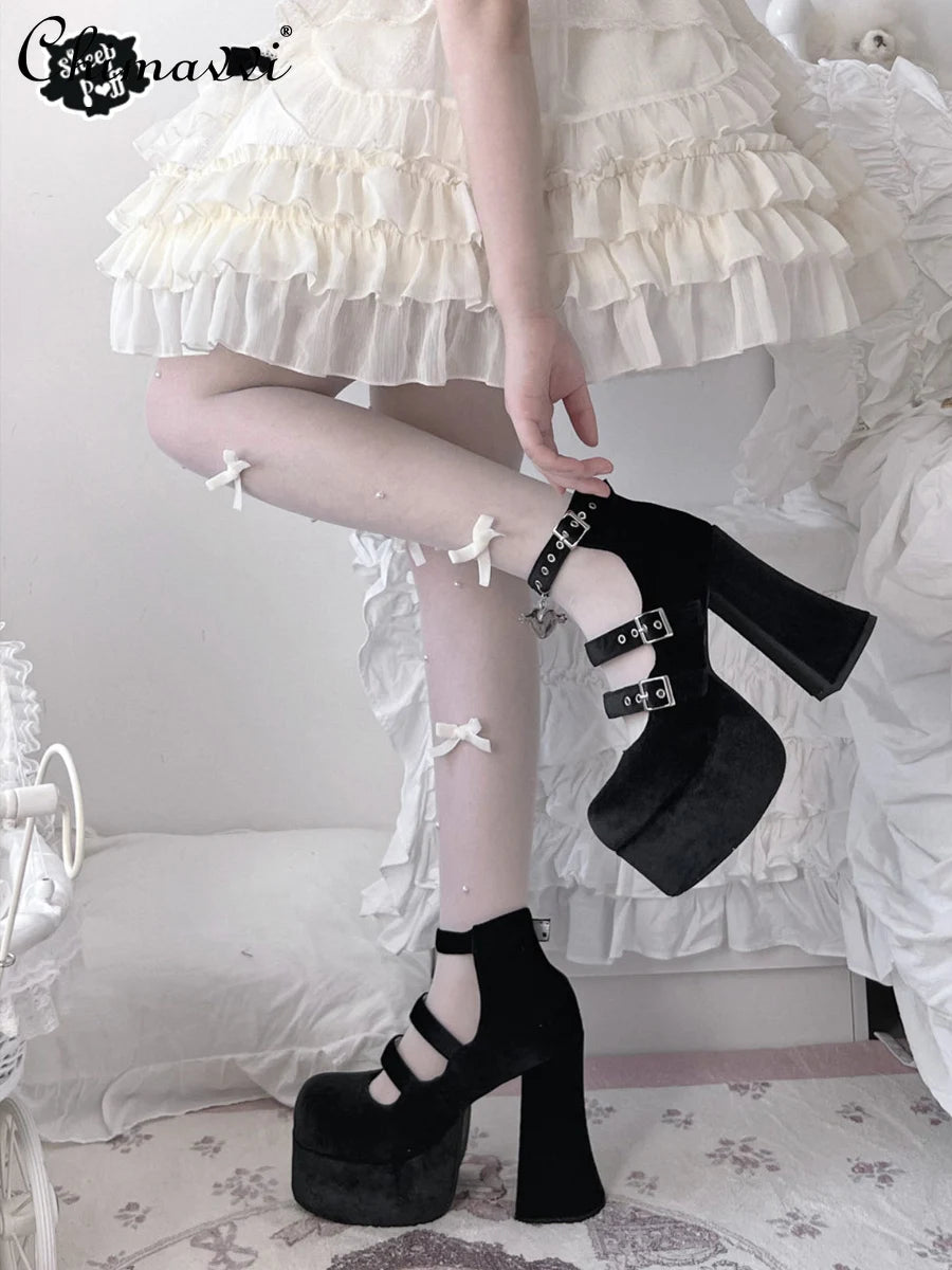 Original Sweet Ladies Elegant Waterproof Platform Leather Shoes Cool Hot Girl High Heels Mary Jeans Chunky Heel Pumps for Women