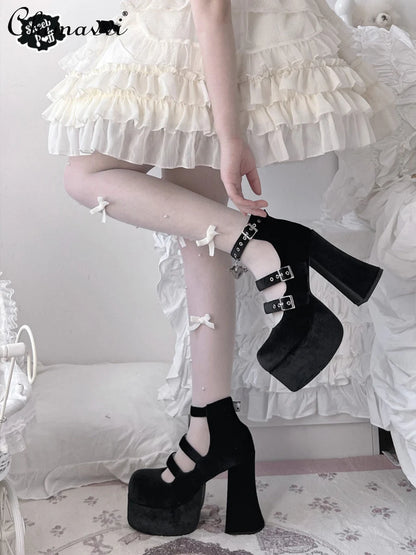 Original Sweet Ladies Elegant Waterproof Platform Leather Shoes Cool Hot Girl High Heels Mary Jeans Chunky Heel Pumps for Women