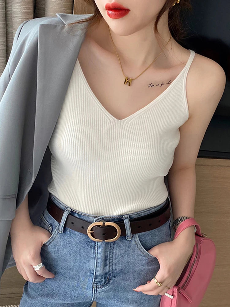 Korea Summer Tops 2026 New Solid V-Neck Elastic Knitted Suspender Camis Women's Tanks Clothing Basics Shirt
