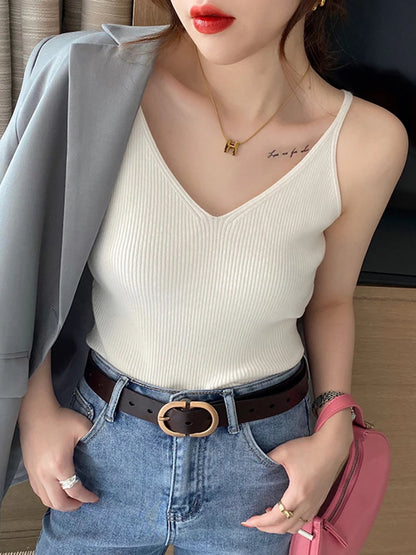 Korea Summer Tops 2026 New Solid V-Neck Elastic Knitted Suspender Camis Women's Tanks Clothing Basics Shirt