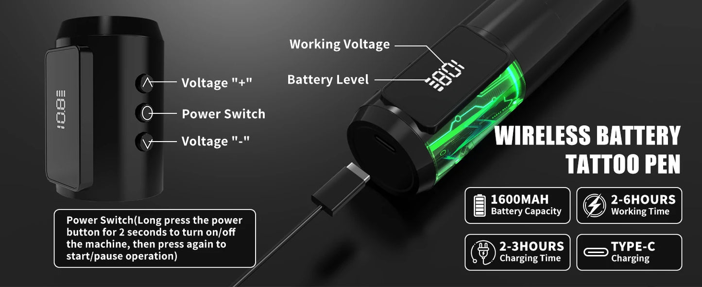 YILONG Wireless Tattoo Machine Or CompleteTattoo Pen Gun Kit With 1600MAH Power and LED Screen Rotary Tattoo Machine Pen Set