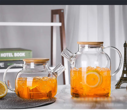 1/1.8L Transparent Glass Teapot with Bamboo Lid Heat-Resistant Glass Pitcher Thickened Glass Flower Tea pot Puer Kettle Office