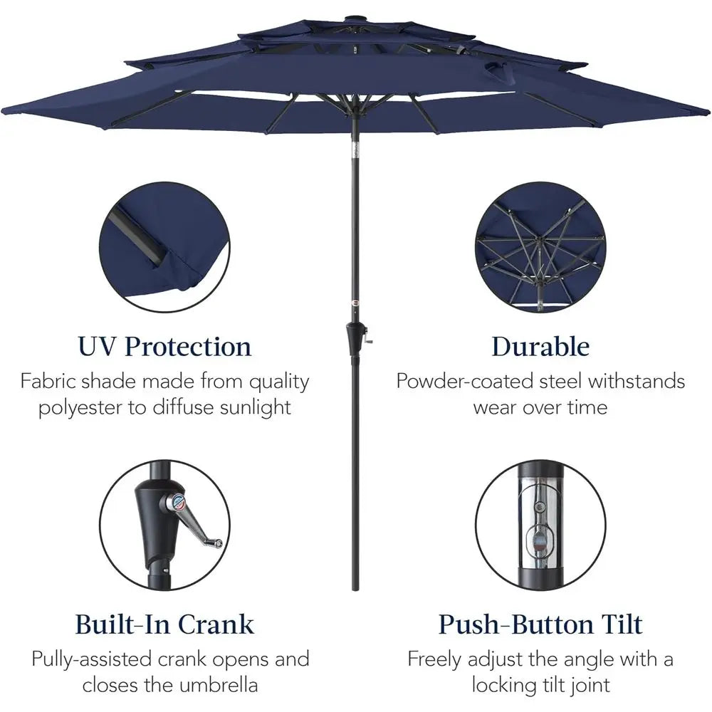 10ft 3-Tier Patio Umbrella with Crank Lift, Outdoor Sun Shade for Deck, Backyard, and Poolside