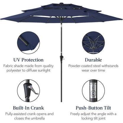 10ft 3-Tier Patio Umbrella with Crank Lift, Outdoor Sun Shade for Deck, Backyard, and Poolside
