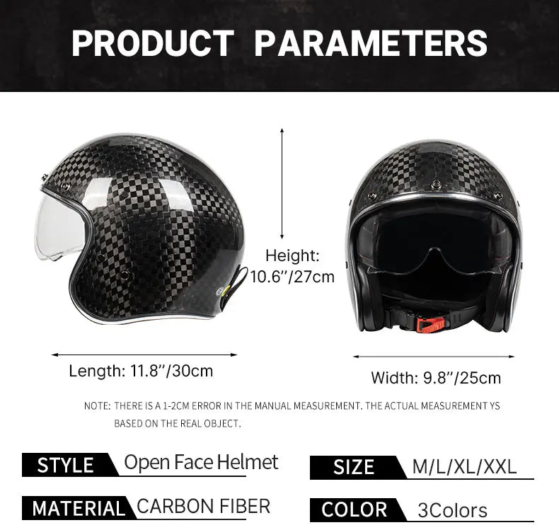 DOT Approved 12K Carbon Fiber Open Face Helmet with Visor Motorcycle Helmet Cascos Para Motos 3K 12K Jet Helmets Four Seasons