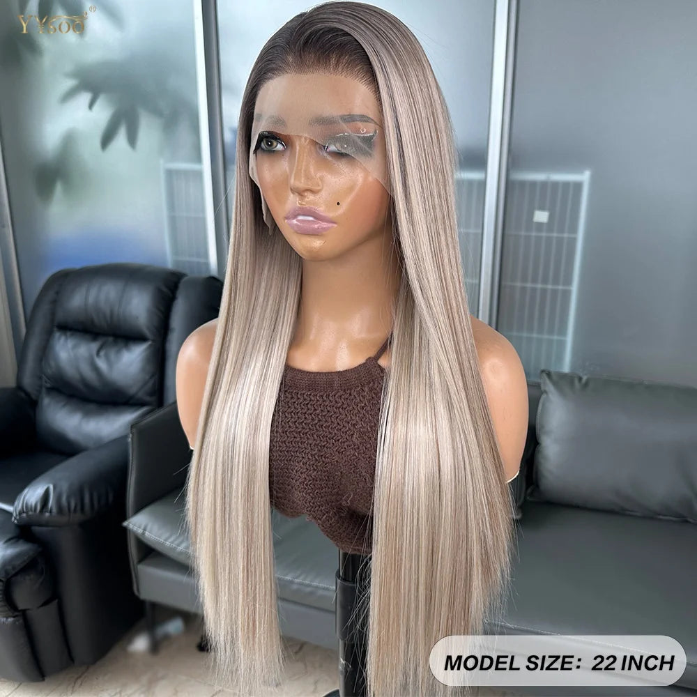 Long Heat Resistant 13x6 Synthetic Lace Front Wig Japan Futura Hair Ombre Highlights Silky Straight Hair Pre Plucked Hairline