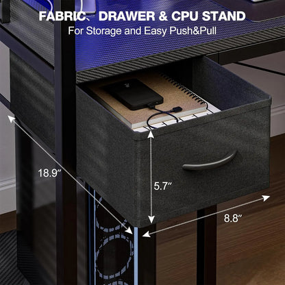 Gaming Desk 55 Inch with Power Outlet and LED Light, Computer Desk with Reversible Shelves and Storage Drawer, Pc, Customized