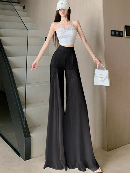 White mesh fishtail flared pants women summer thin design high waist hanging feeling elegant chiffon wide leg casual pants