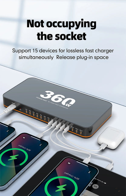 360W USB Charger 15 in 1 Desktop PD 24W Fast Charge USB Type C Charger LED Display Charger For iPhone Xiaomi Smartphone Laptop