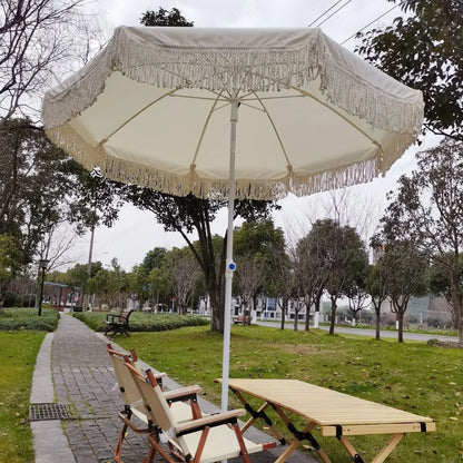 2m yellow striped umbrella with tassels, outdoor shade, beach umbrella, courtyard camping, sun protection