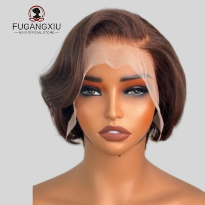 Straight Pixie Cut Wig Transparent Lace Human Hair 13×4 Human Hair Wigs Short Bob Wig For Black Woman hair Natural Color/#4