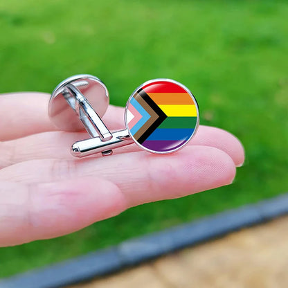 Lesbian Gay Pride Cufflinks for Fans LGBT Creative Rainbow Flag Glass Gem Charm Shirt Decoration Cuff Buttons
