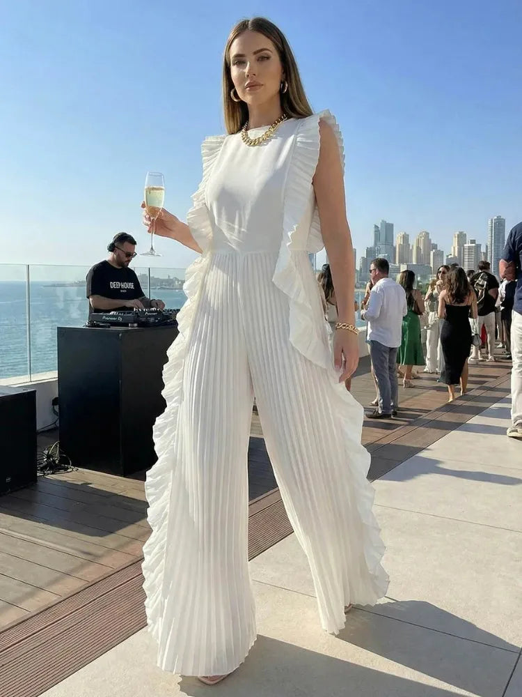 UOOZEE 2026 New Summer Women's Elegant Ruffled Trim Pleated Jumpsuits Loose Sleeveless Wide Leg Party Evening Office Overalls