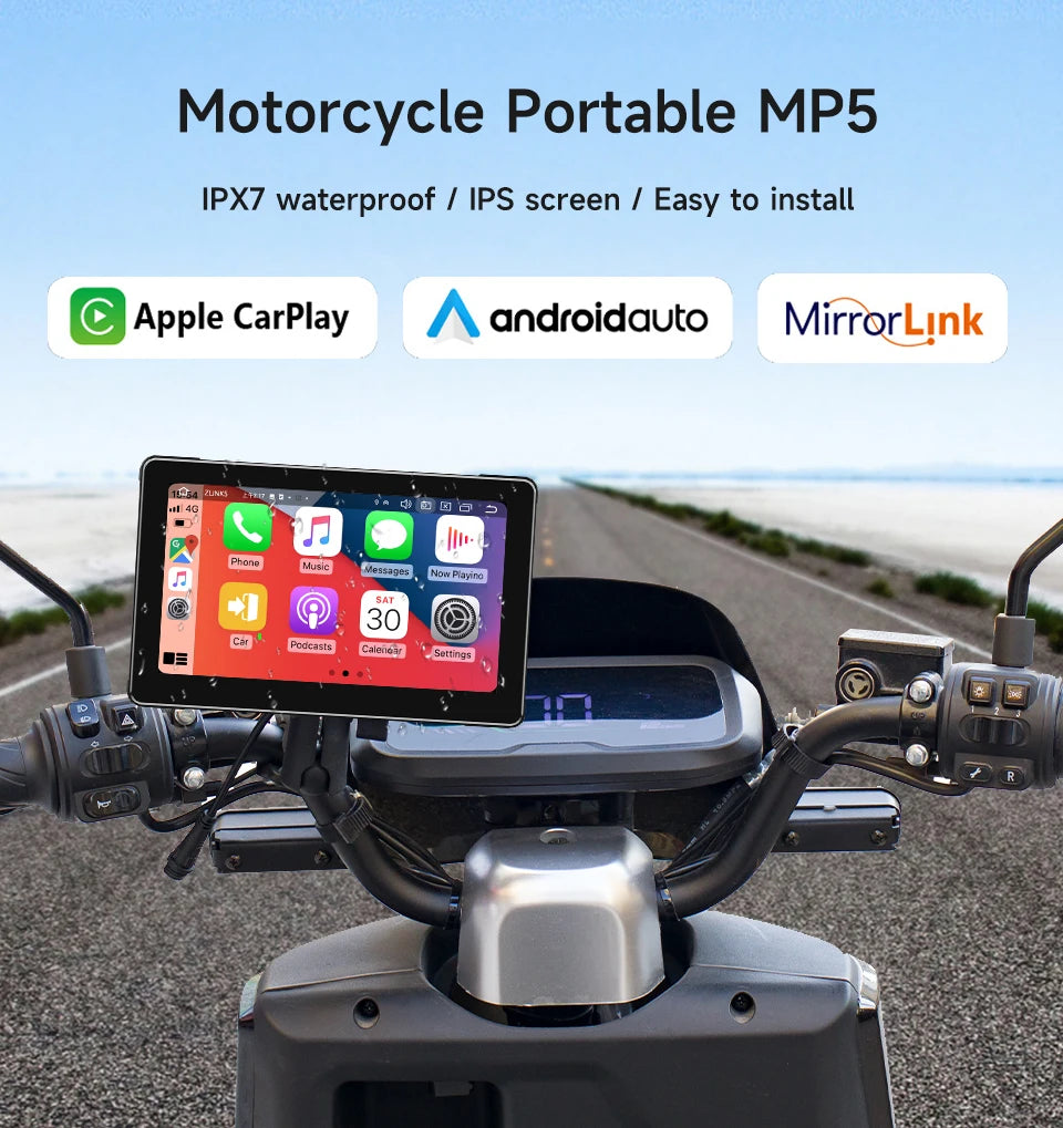 7-inch motorcycle navigation screen, Ipx 6, 1024 x 600, wireless automatic monitor, Android, Apple Carplay