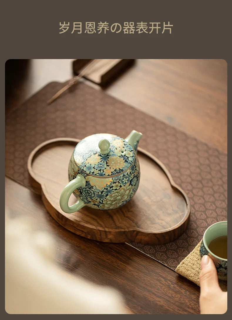 Ru Kiln Ceramic Teapot Gilded Peony Western Han Tile Pot Kung Fu Tea Set Household Tea Pot