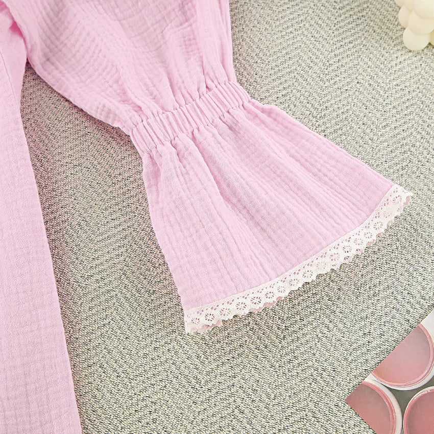 Casual Crape Cotton Pink Two Pieces Sets Women Lace Lantern Sleeve Shirts And Baggy Shorts Sleepwear Spring Summer