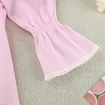 Casual Crape Cotton Pink Two Pieces Sets Women Lace Lantern Sleeve Shirts And Baggy Shorts Sleepwear Spring Summer