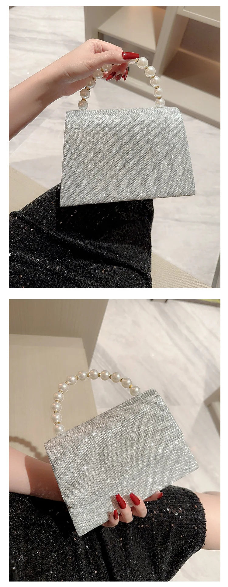 Pearl Chain Shoulder Bags Luxury Purse Gold Bright Silk Evening Bag Women Elegant Fashion Banquet Clutch Female Handbag bolsa