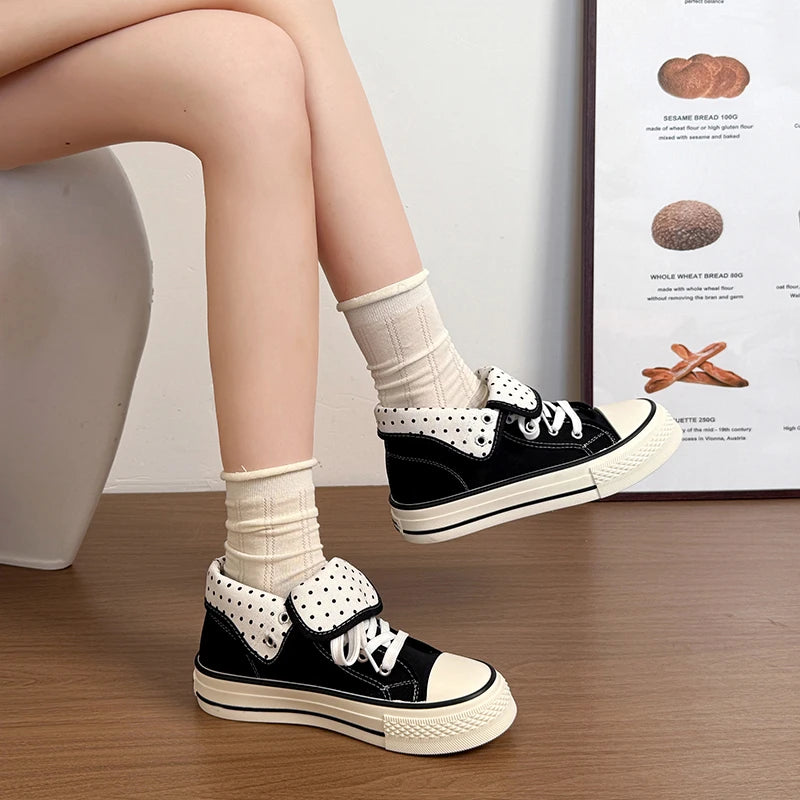 New High Help Canvas Shoes Dots Women's Casual Shoes Woman Vulcanize Sneakers Comfortable Sport Walking Platform Flats Shoes 015