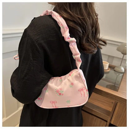 Gentle and Sweet Flower Canvas Bag for Women 2025 New Drawstring Shoulder Bag High Beauty Broken Flower Bow