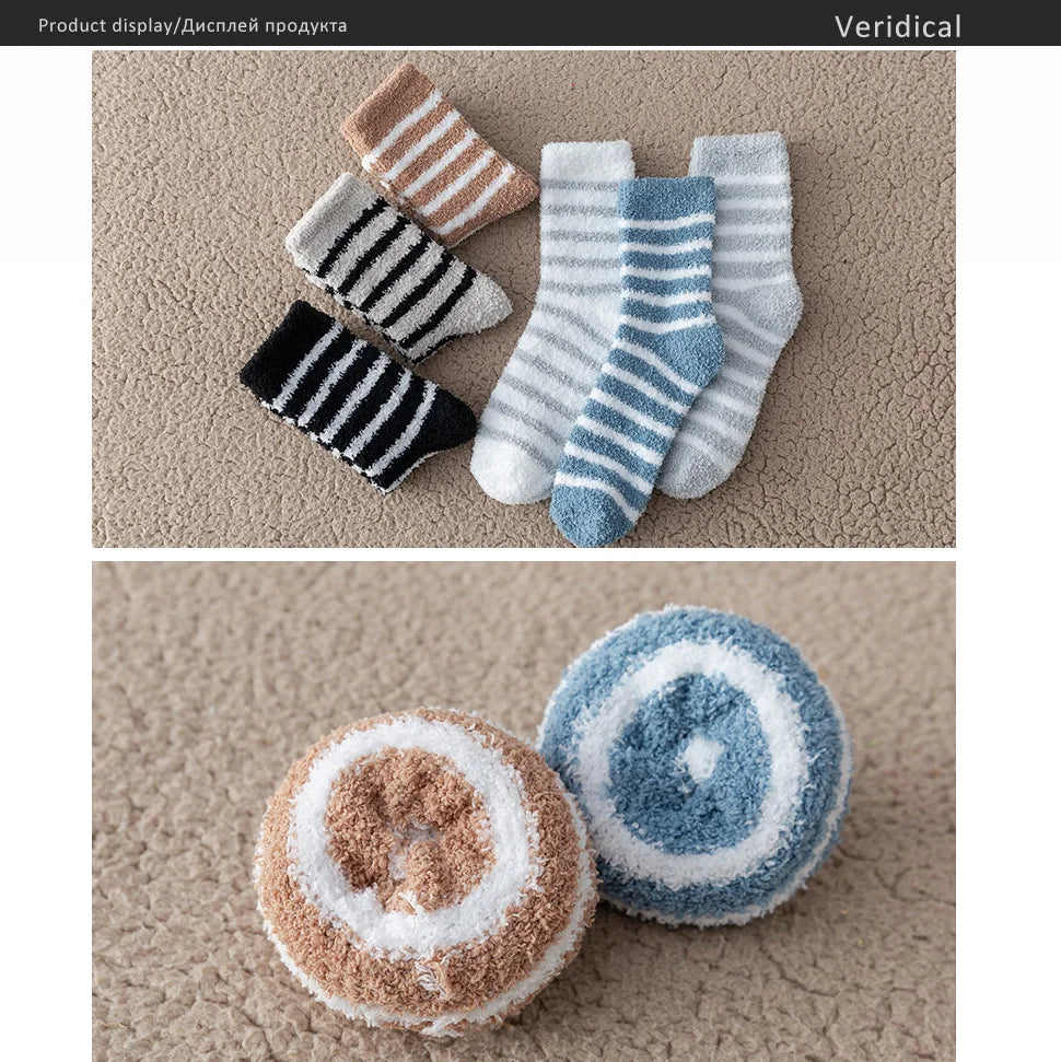 5 Pairs Thick Mens Thermal Socks Winter Warm Striped Coral Fleece Fluffy Solid Color Sleep Male Bed Socks Calcetines Hot Sell
