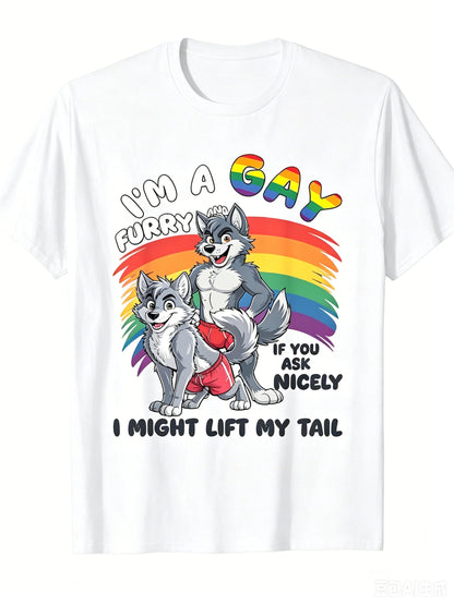 Men's Women's Fun Gay Furry Pride Month T-Shirt Rainbow Fox and Dog Pattern " I Am Gay" Streetwear LGBTQ Pride Tshirts Gifts