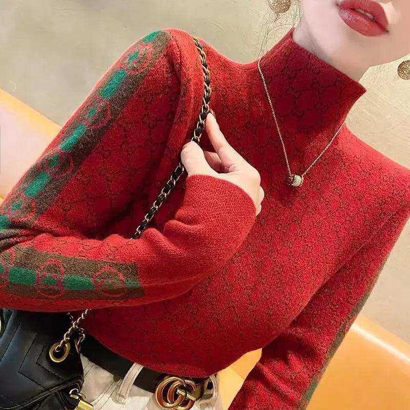 Autumn Winter Vintage All-match Slim Mock Neck Sweaters Women Clothing Elegant Chic Long Sleeve Knit Pullovers Lady Fashion Top