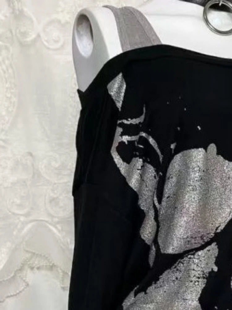 Y2k Fake Two Pieces Vintage Tops Streetwear Slash Neck Skull Print Off Shoulder Gothic Punk Tshirts Women Grunge Harajuku Tees