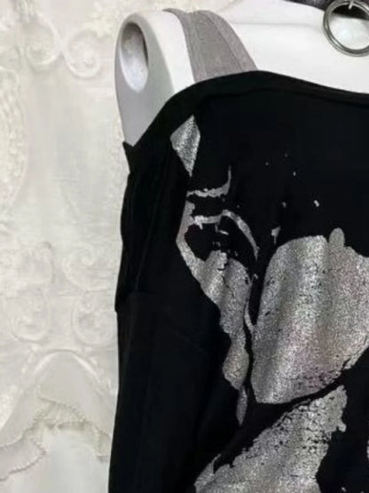 Y2k Fake Two Pieces Vintage Tops Streetwear Slash Neck Skull Print Off Shoulder Gothic Punk Tshirts Women Grunge Harajuku Tees
