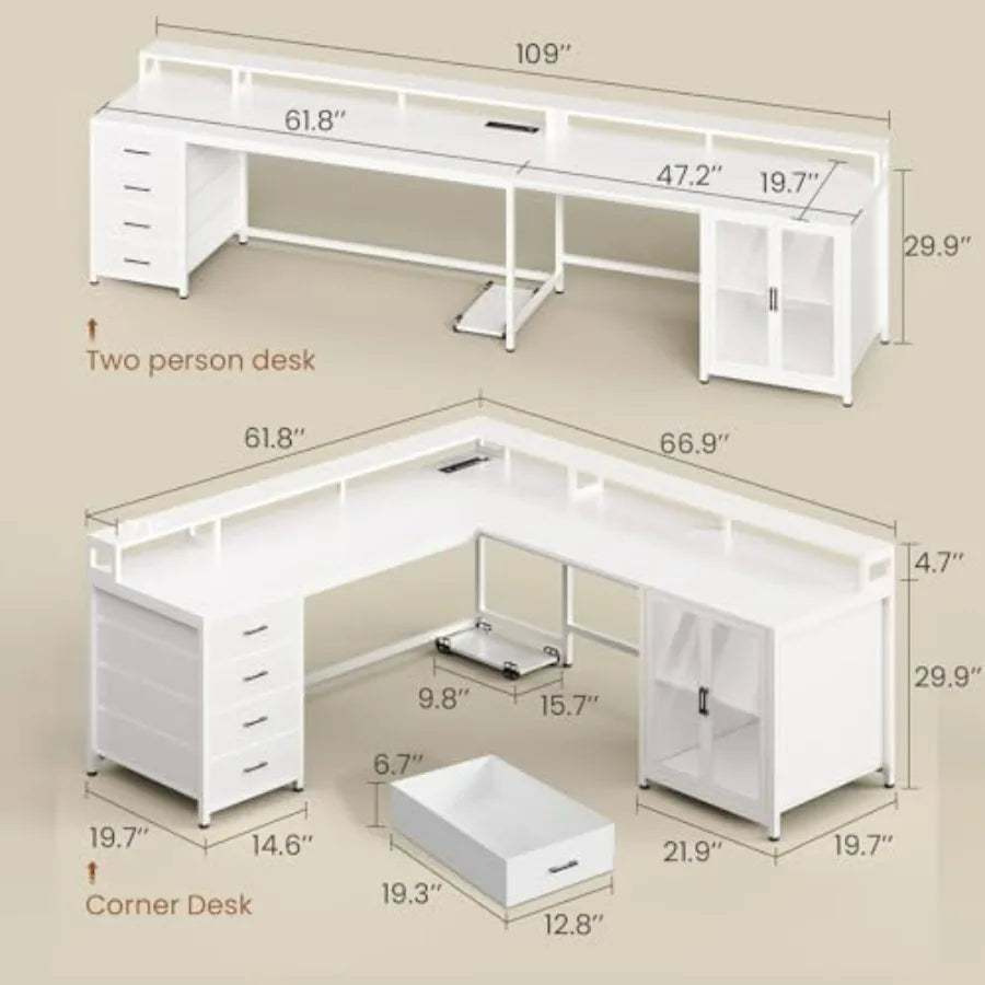 L Shaped Gaming Desk with 4 Drawers 109 Computer Desk with Display Cabinet White Home Office Desks with 2 Monitor Stands CPU St